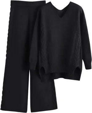 Flygo Women's Knitted Outfits Sweater Sets Pullover Jumper Long Pants 2 Piece Set Loungewear