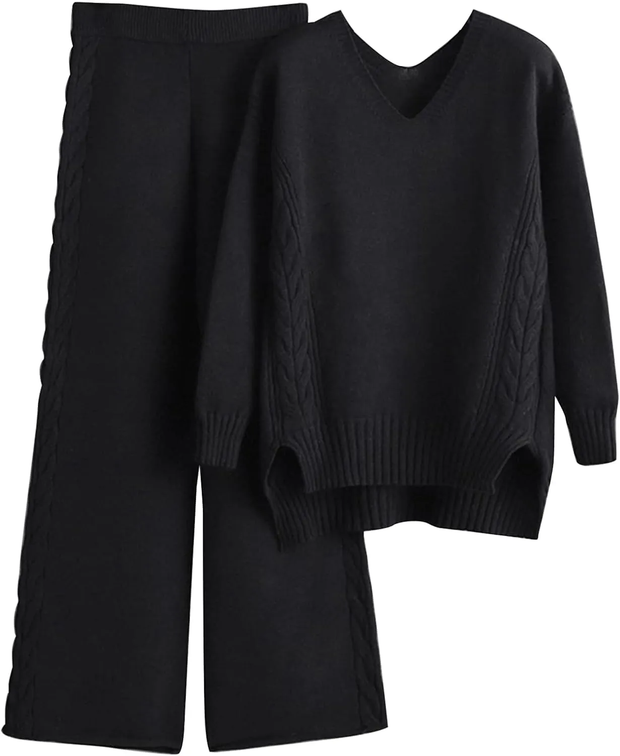 Flygo Women's Knitted Outfits Sweater Sets Pullover Jumper Long Pants 2 Piece Set Loungewear
