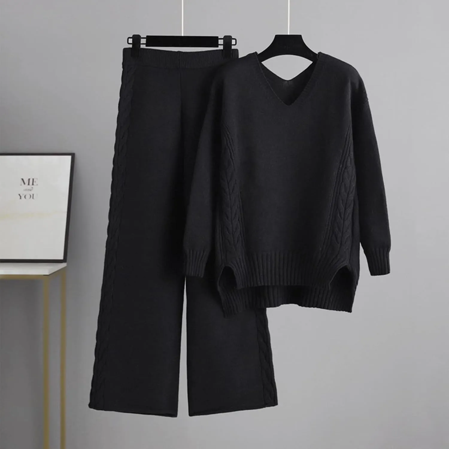 Flygo Women's Knitted Outfits Sweater Sets Pullover Jumper Long Pants 2 Piece Set Loungewear