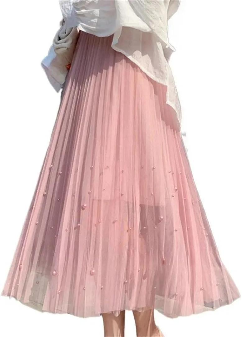 Fnfmrfmr Women Beading A-Line Mesh Skirt Solid High Waist Harajuku Y2k Casual Pleated Slim Midi Skirts