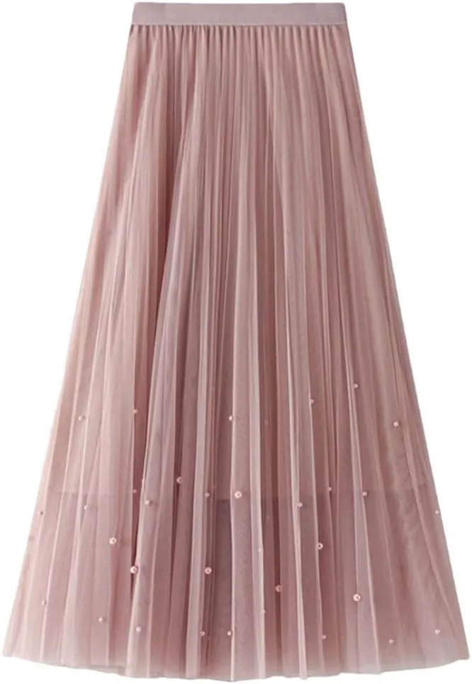 Fnfmrfmr Women Beading A-Line Mesh Skirt Solid High Waist Harajuku Y2k Casual Pleated Slim Midi Skirts