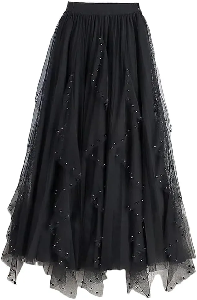Fnfmrfmr Women Beading A-Line Mesh Skirt Solid High Waist Harajuku Y2k Casual Pleated Slim Midi Skirts