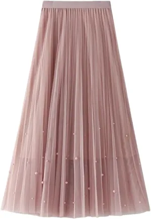 Fnfmrfmr Women Beading A-Line Mesh Skirt Solid High Waist Harajuku Y2k Casual Pleated Slim Midi Skirts