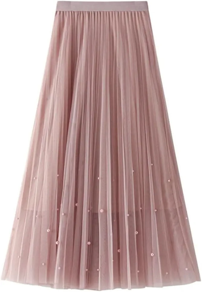 Fnfmrfmr Women Beading A-Line Mesh Skirt Solid High Waist Harajuku Y2k Casual Pleated Slim Midi Skirts