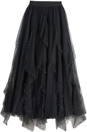 Fnfmrfmr Women Beading A-Line Mesh Skirt Solid High Waist Harajuku Y2k Casual Pleated Slim Midi Skirts