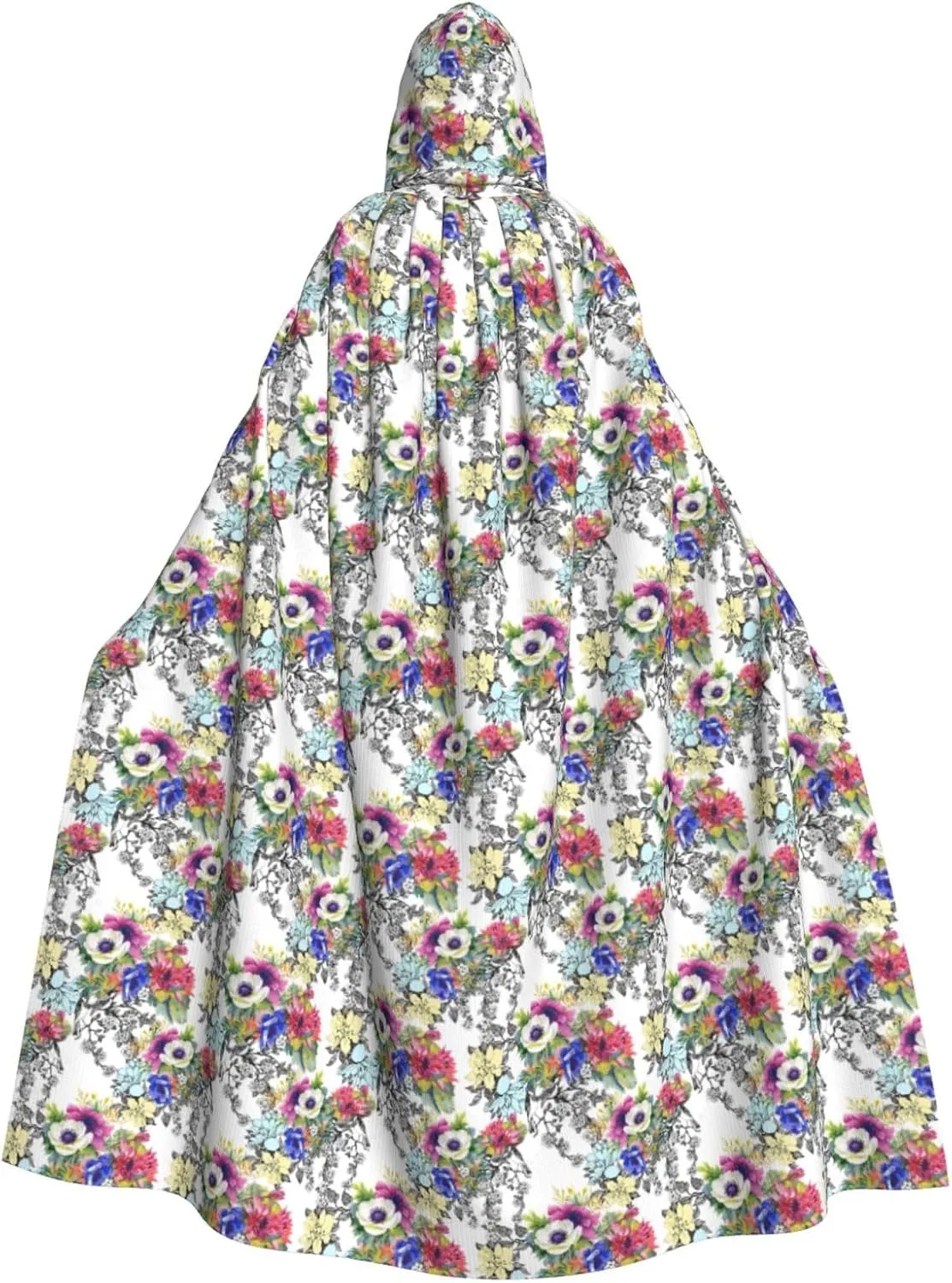 Garden Blossoming Wildflowers Birds Leaves Branches print Hooded cape for adults, Oversized Hooded Cloak with Bow Tie, Adult party dress cape