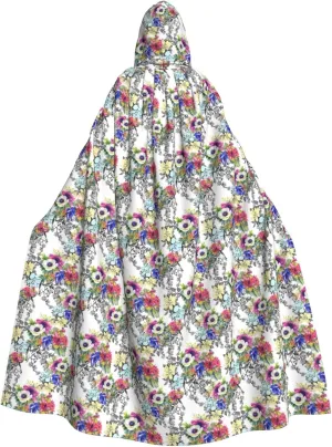 Garden Blossoming Wildflowers Birds Leaves Branches print Hooded cape for adults, Oversized Hooded Cloak with Bow Tie, Adult party dress cape