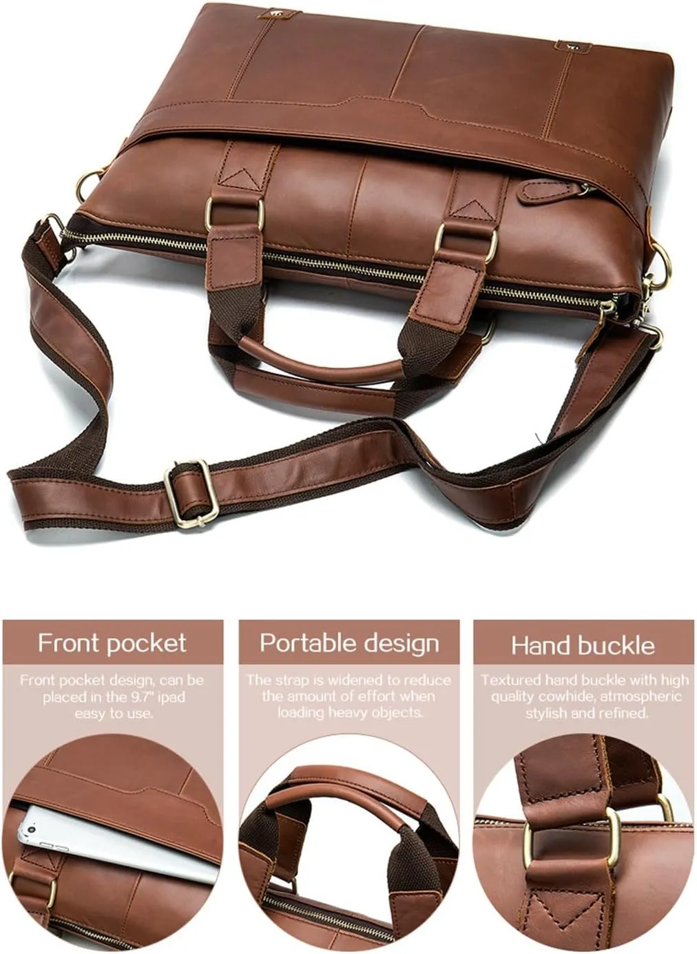 Genuine Leather Laptop Work Bag Multi Compartments Fashion Messenger Bag Sturdy File Satchel Bag for Men