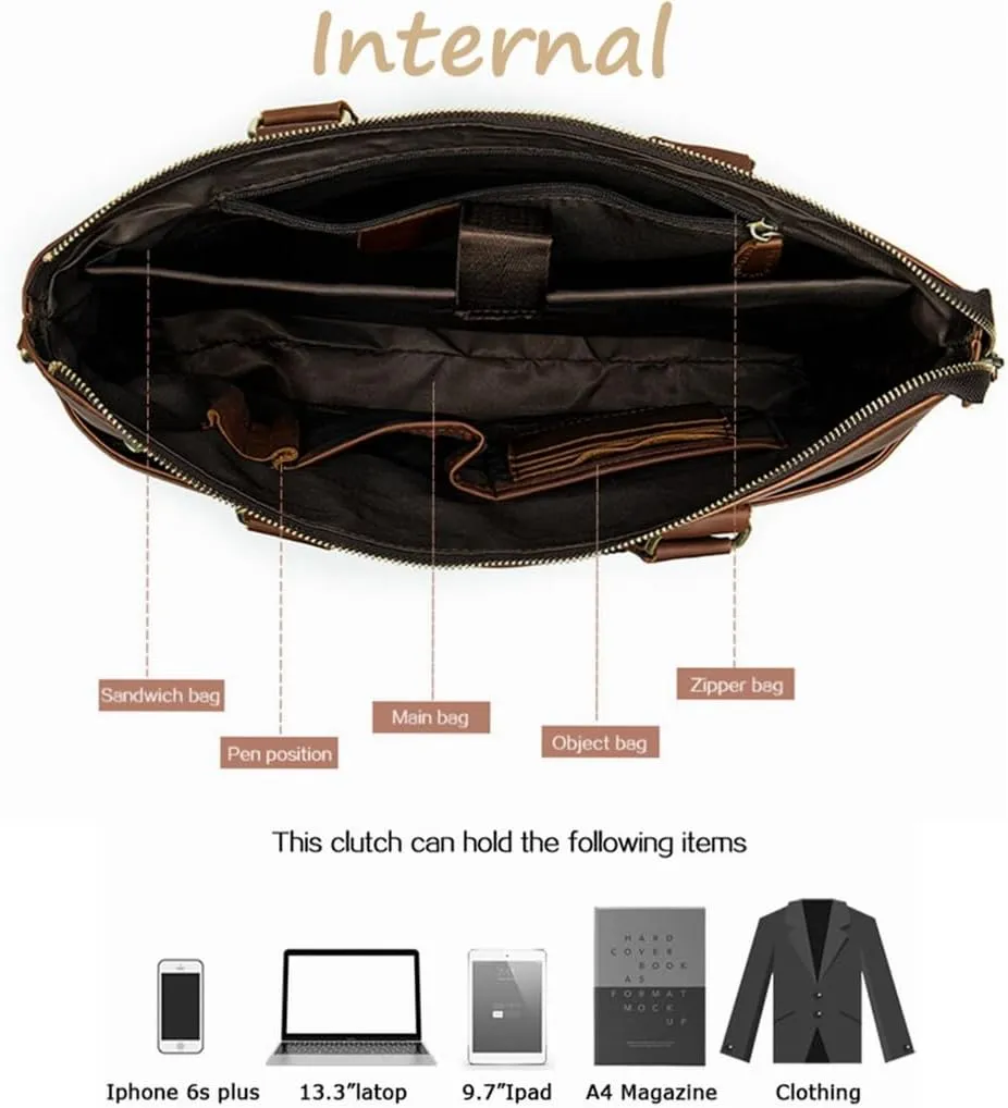 Genuine Leather Laptop Work Bag Multi Compartments Fashion Messenger Bag Sturdy File Satchel Bag for Men