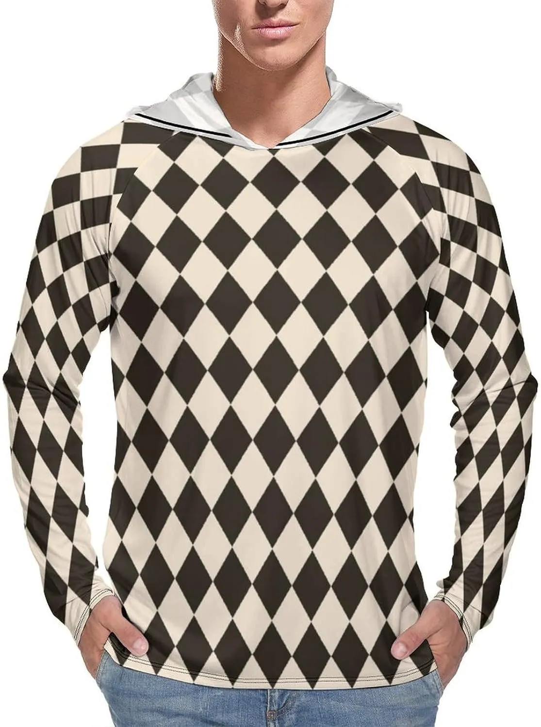 Geometric Rhombus Pattern Men's Quick Dry Long Sleeve Shirts UV Sun Protection Moisture Wicking T-Shirt L