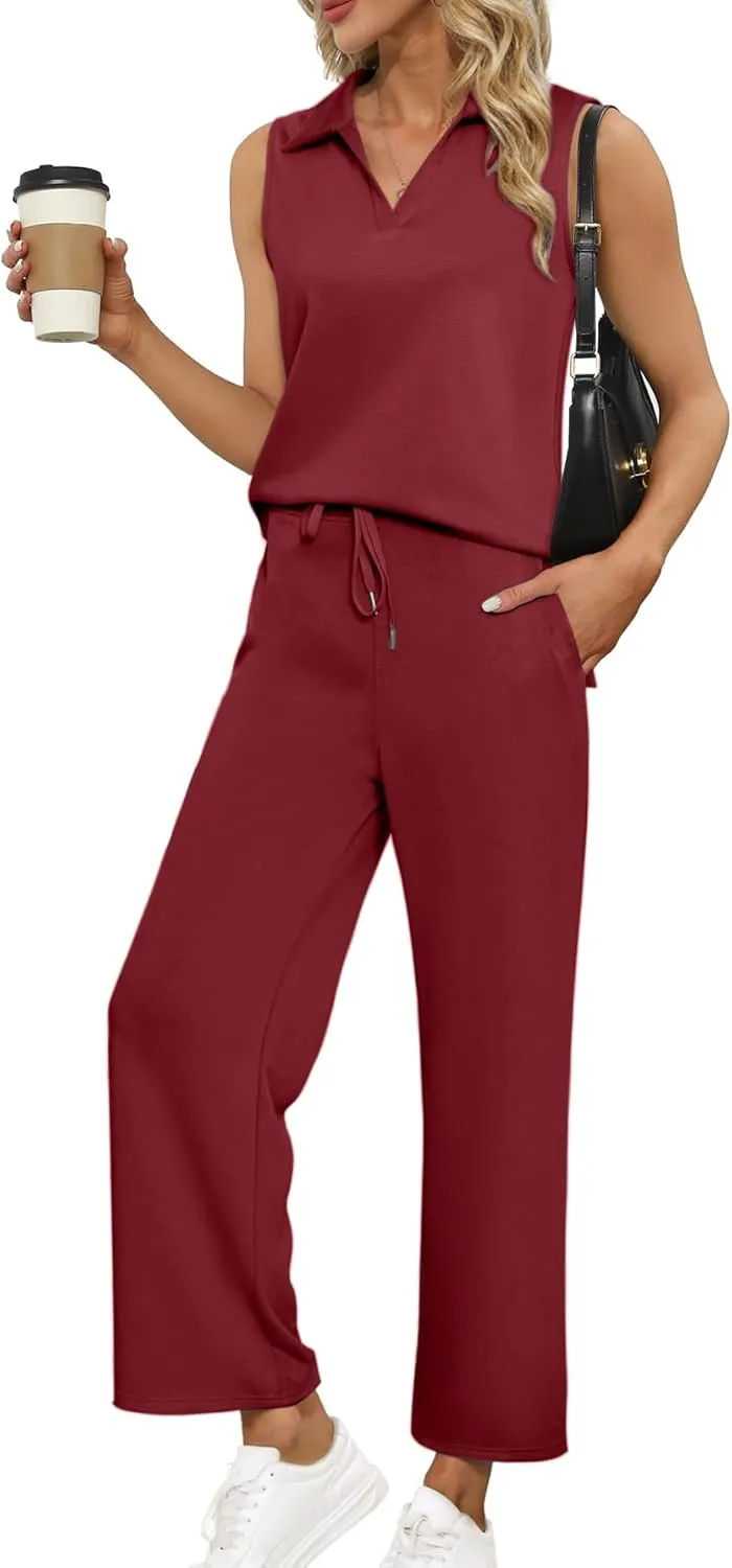 Glamaker Women's 2 Piece Outfits Summer Sleeveless Tops Wide Leg Pants Lounge Set Sweatsuits Tracksuits with Pockets
