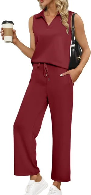 Glamaker Women's 2 Piece Outfits Summer Sleeveless Tops Wide Leg Pants Lounge Set Sweatsuits Tracksuits with Pockets
