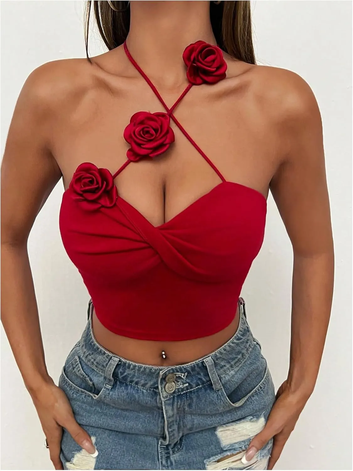 GORGLITTER Women's 3D Flower Camisole Tops Floral Halter Backless Sleeveless Going Out Top