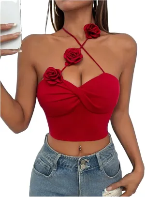 GORGLITTER Women's 3D Flower Camisole Tops Floral Halter Backless Sleeveless Going Out Top