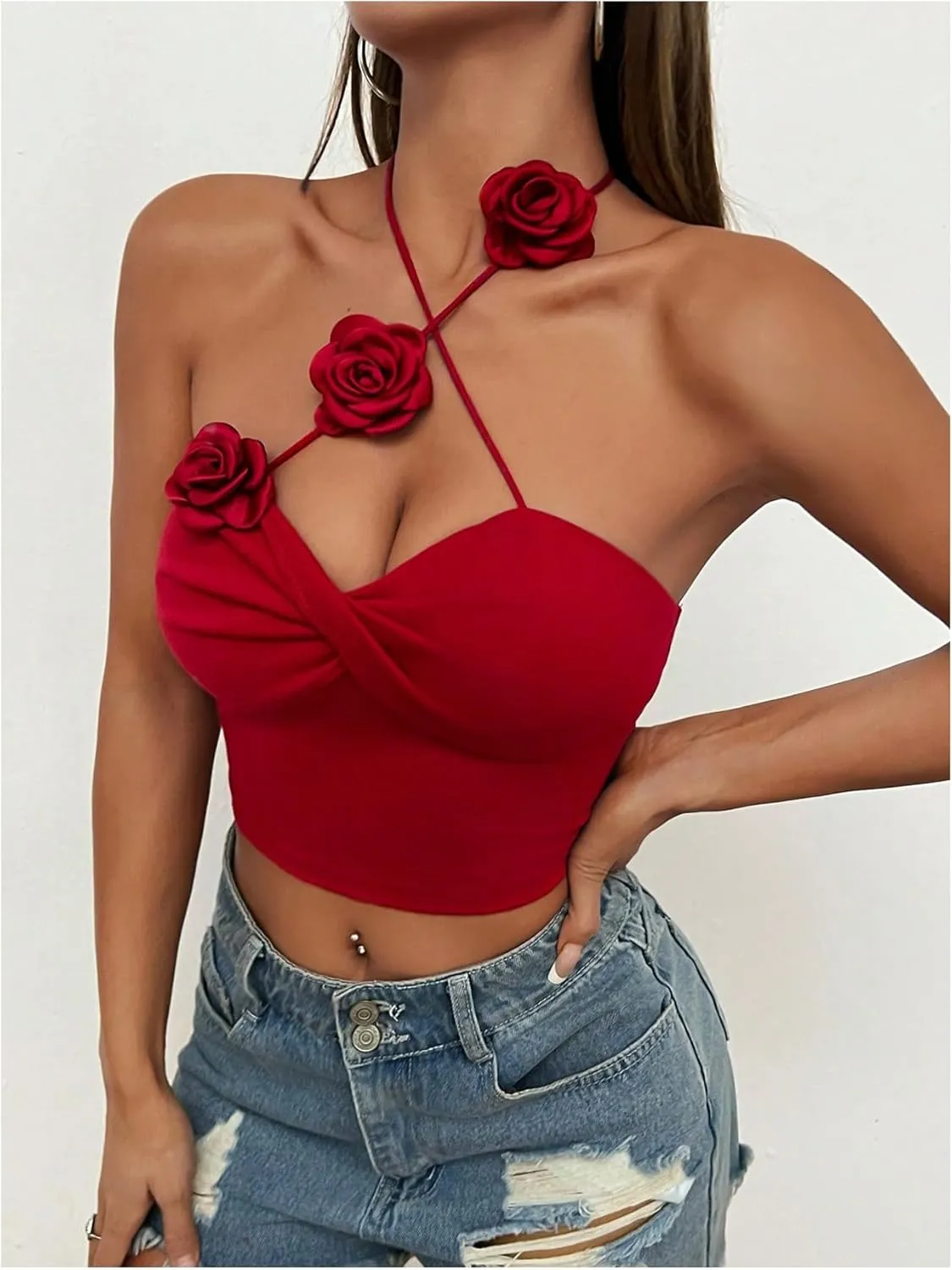 GORGLITTER Women's 3D Flower Camisole Tops Floral Halter Backless Sleeveless Going Out Top