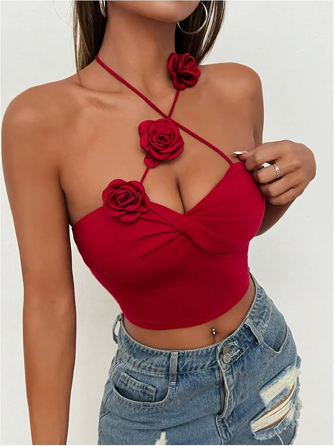 GORGLITTER Women's 3D Flower Camisole Tops Floral Halter Backless Sleeveless Going Out Top