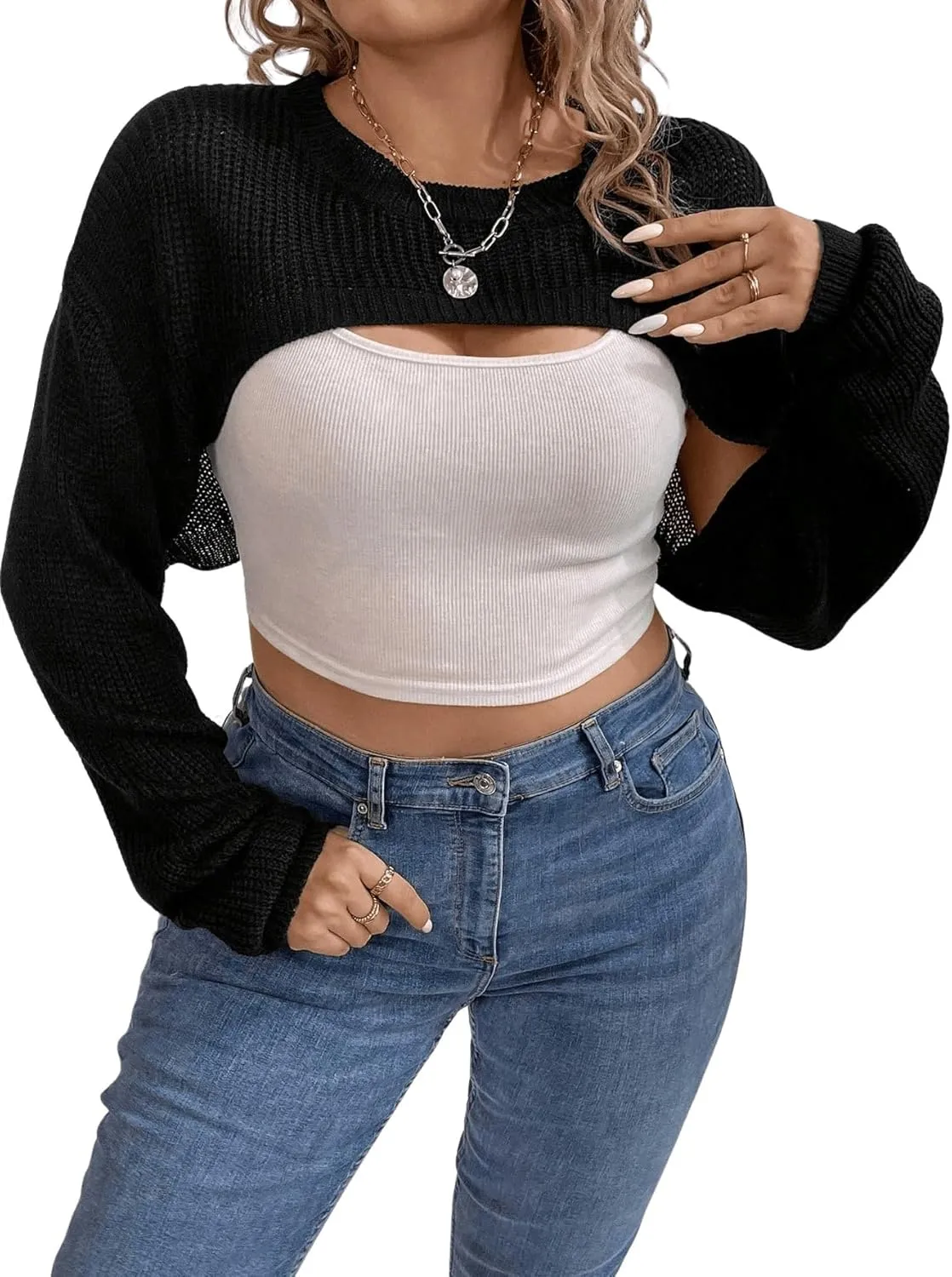 GORGLITTER Women's Plus Size Super Crop Sweater Bolero Shrug Long Sleeve Solid Knit Pullover Top