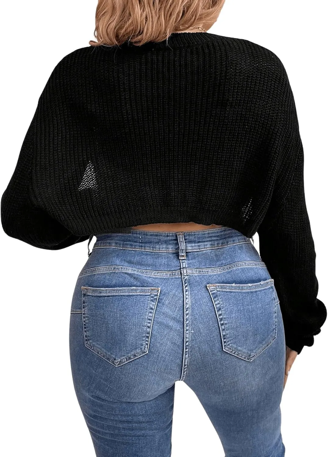 GORGLITTER Women's Plus Size Super Crop Sweater Bolero Shrug Long Sleeve Solid Knit Pullover Top