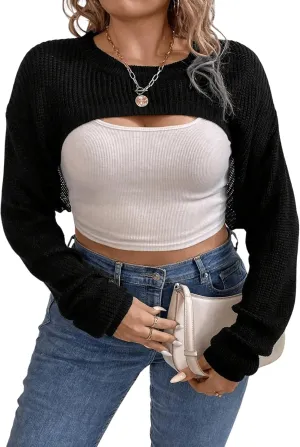 GORGLITTER Women's Plus Size Super Crop Sweater Bolero Shrug Long Sleeve Solid Knit Pullover Top