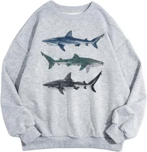 GORGLITTER Women's Shark Graphic Crewneck Sweatshirts Casual Long Sleeve Loose Oversized Pullover Sweatshirt