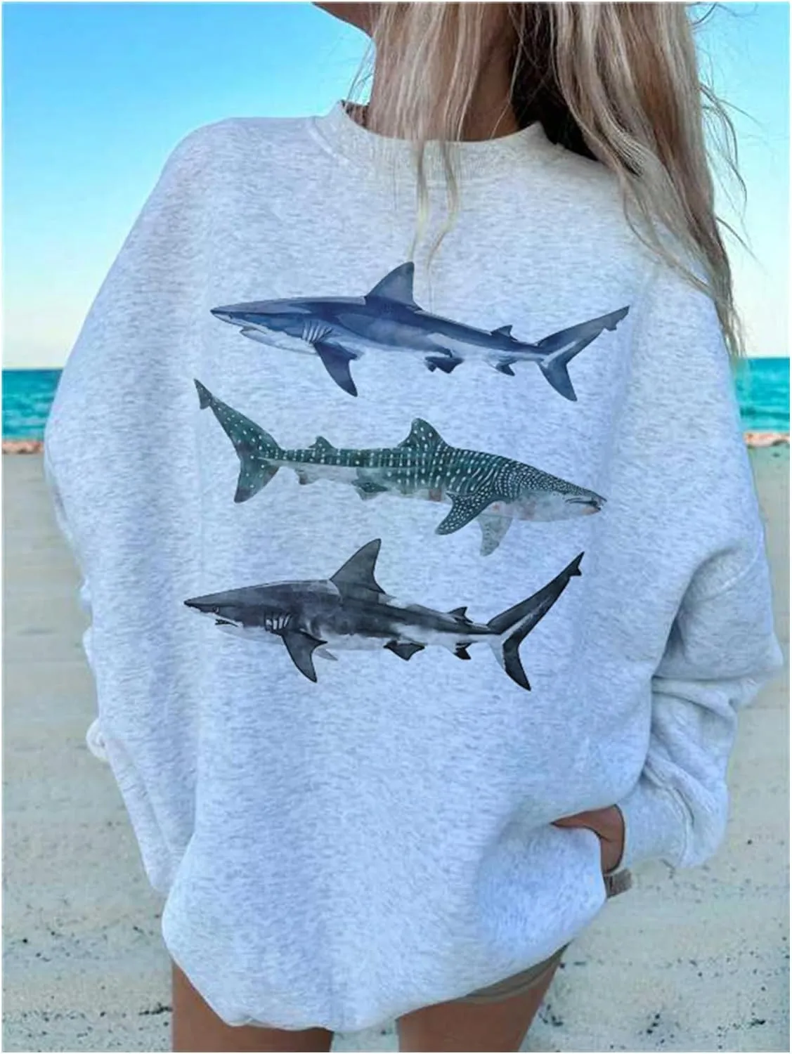GORGLITTER Women's Shark Graphic Crewneck Sweatshirts Casual Long Sleeve Loose Oversized Pullover Sweatshirt