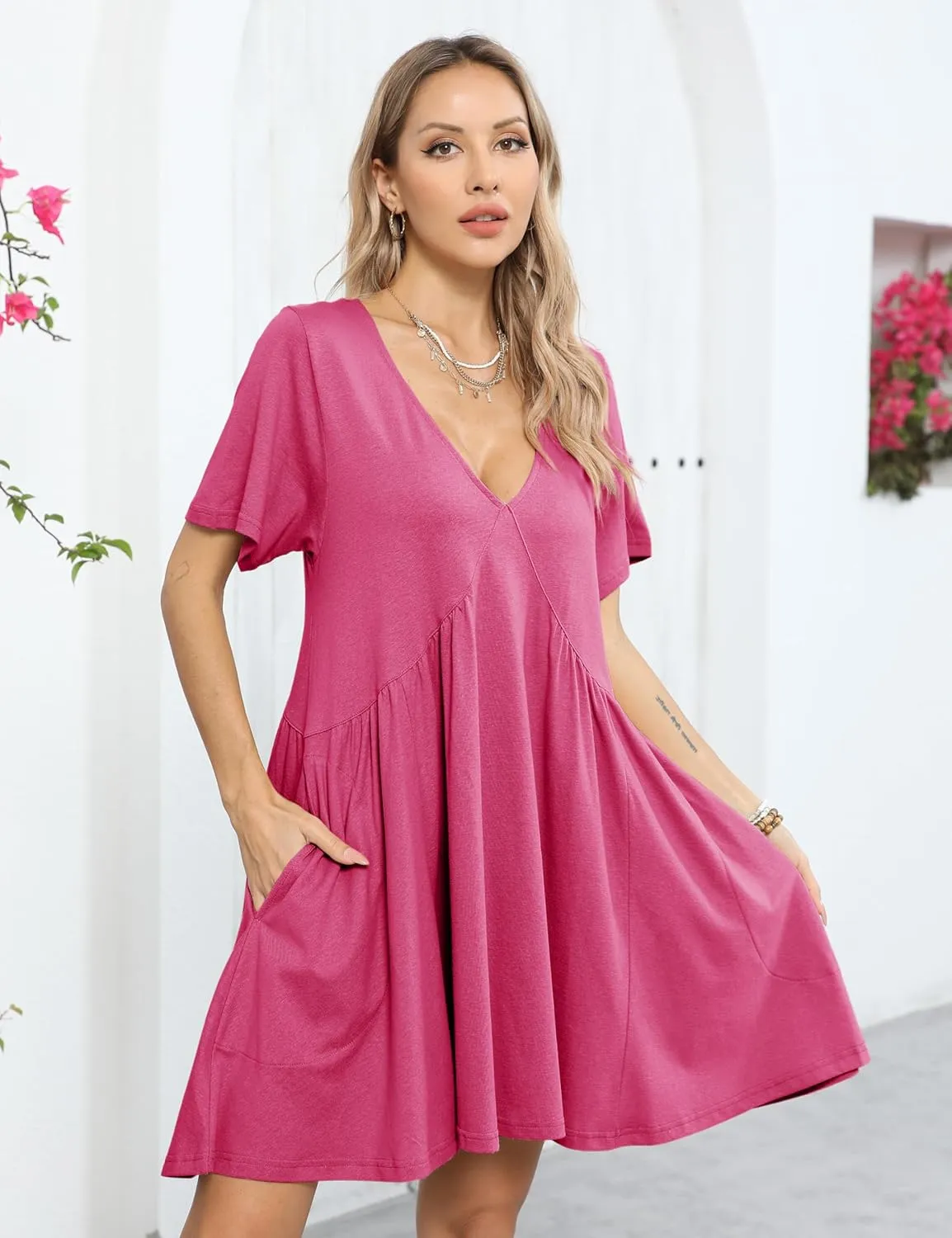 Gozoloma Women Summer Short Sleeve Mini Dress Casual Loose V Neck Flowy Sundress Vacation Tshirt Sun Dress with Pockets