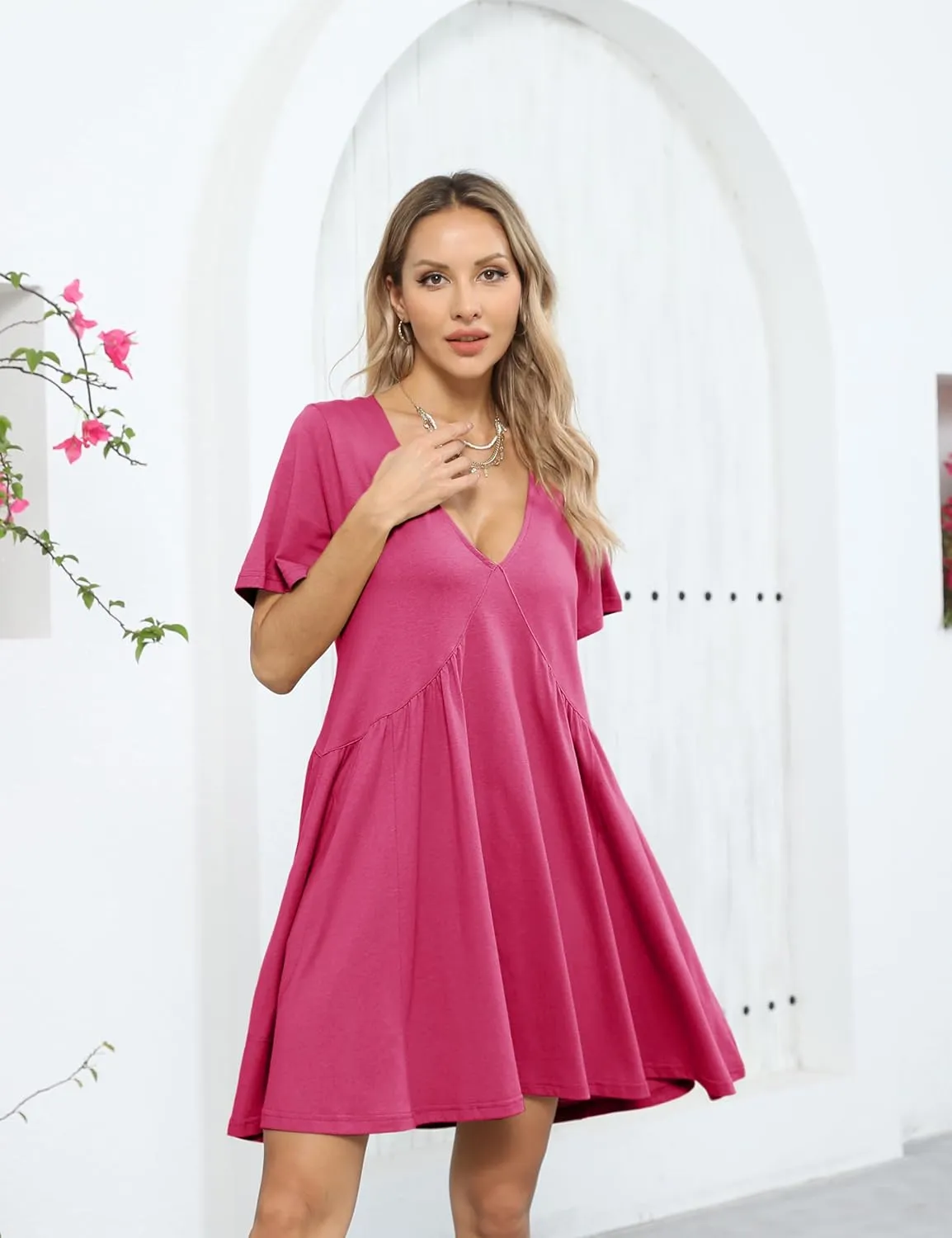 Gozoloma Women Summer Short Sleeve Mini Dress Casual Loose V Neck Flowy Sundress Vacation Tshirt Sun Dress with Pockets