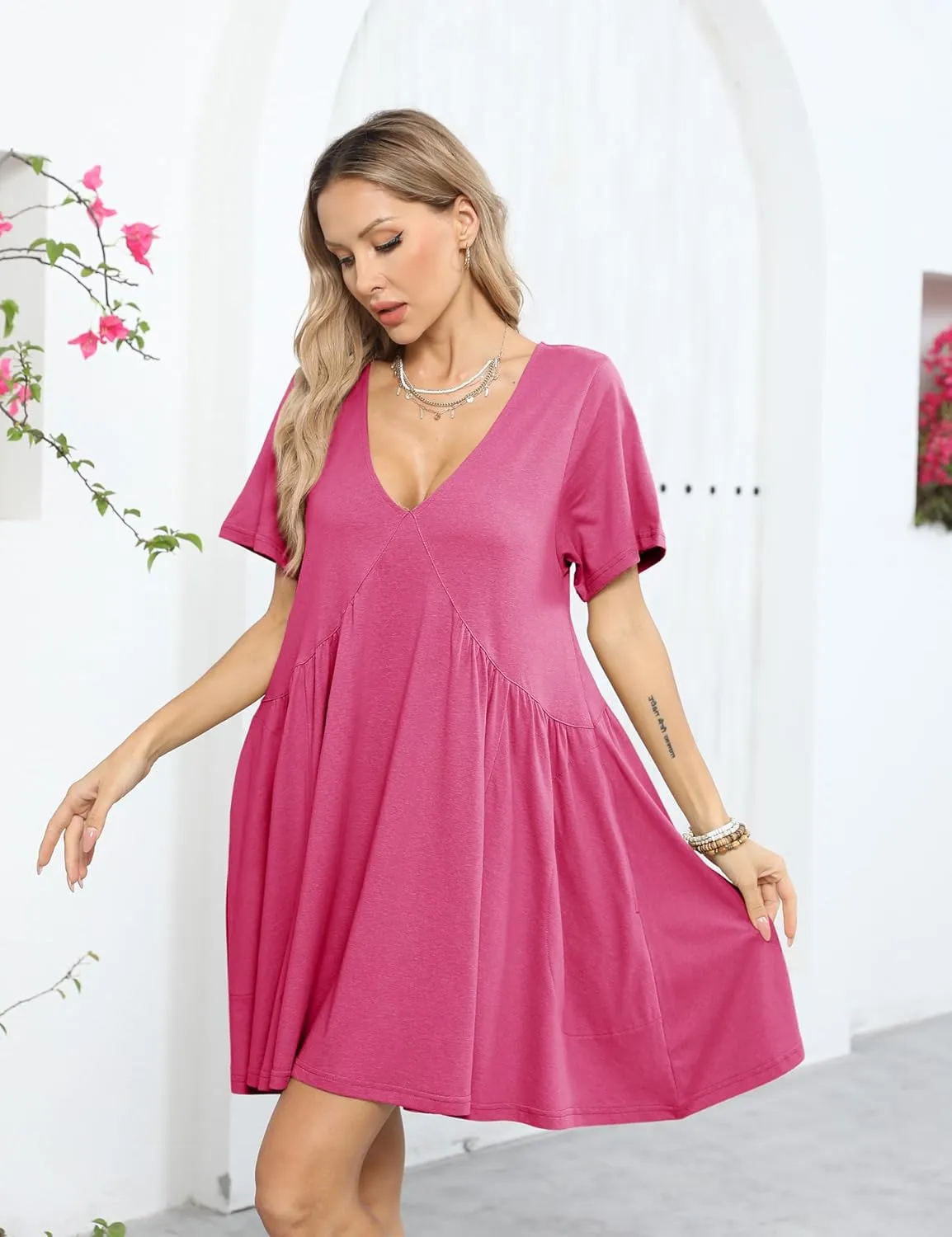 Gozoloma Women Summer Short Sleeve Mini Dress Casual Loose V Neck Flowy Sundress Vacation Tshirt Sun Dress with Pockets