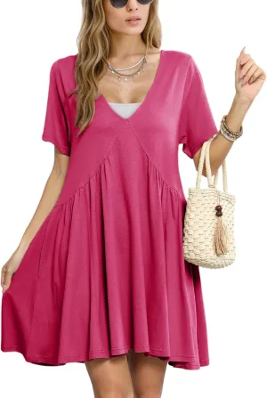 Gozoloma Women Summer Short Sleeve Mini Dress Casual Loose V Neck Flowy Sundress Vacation Tshirt Sun Dress with Pockets