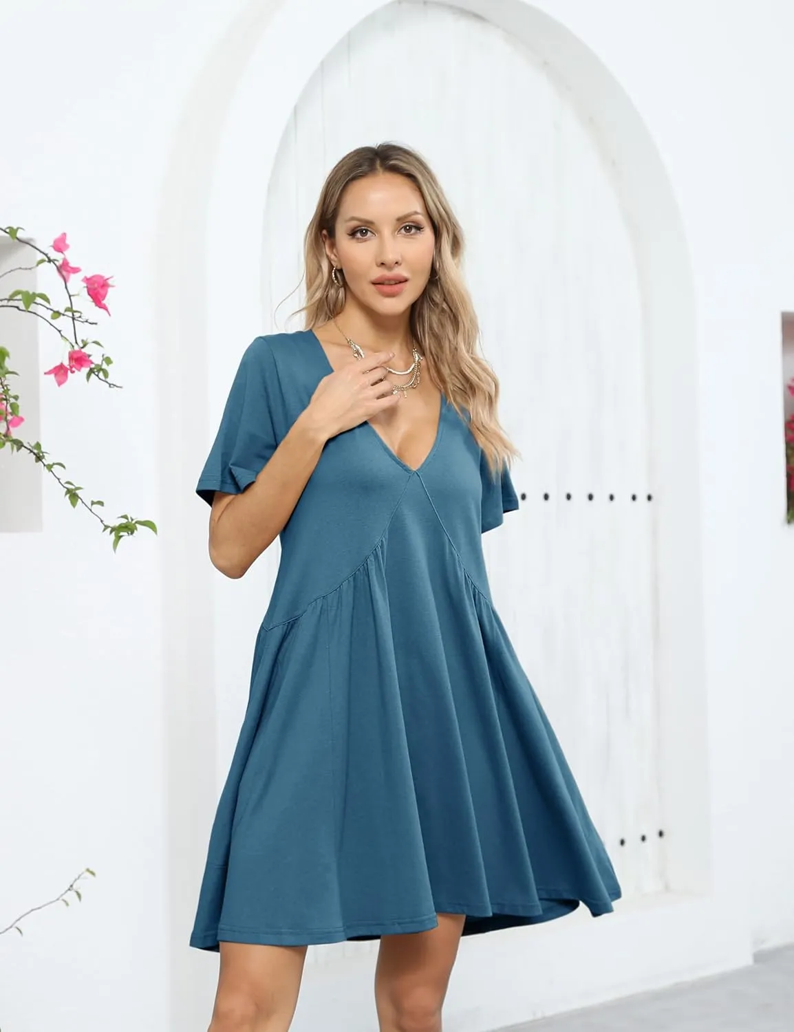 Gozoloma Women Summer Short Sleeve Mini Dress Casual Loose V Neck Flowy Sundress Vacation Tshirt Sun Dress with Pockets