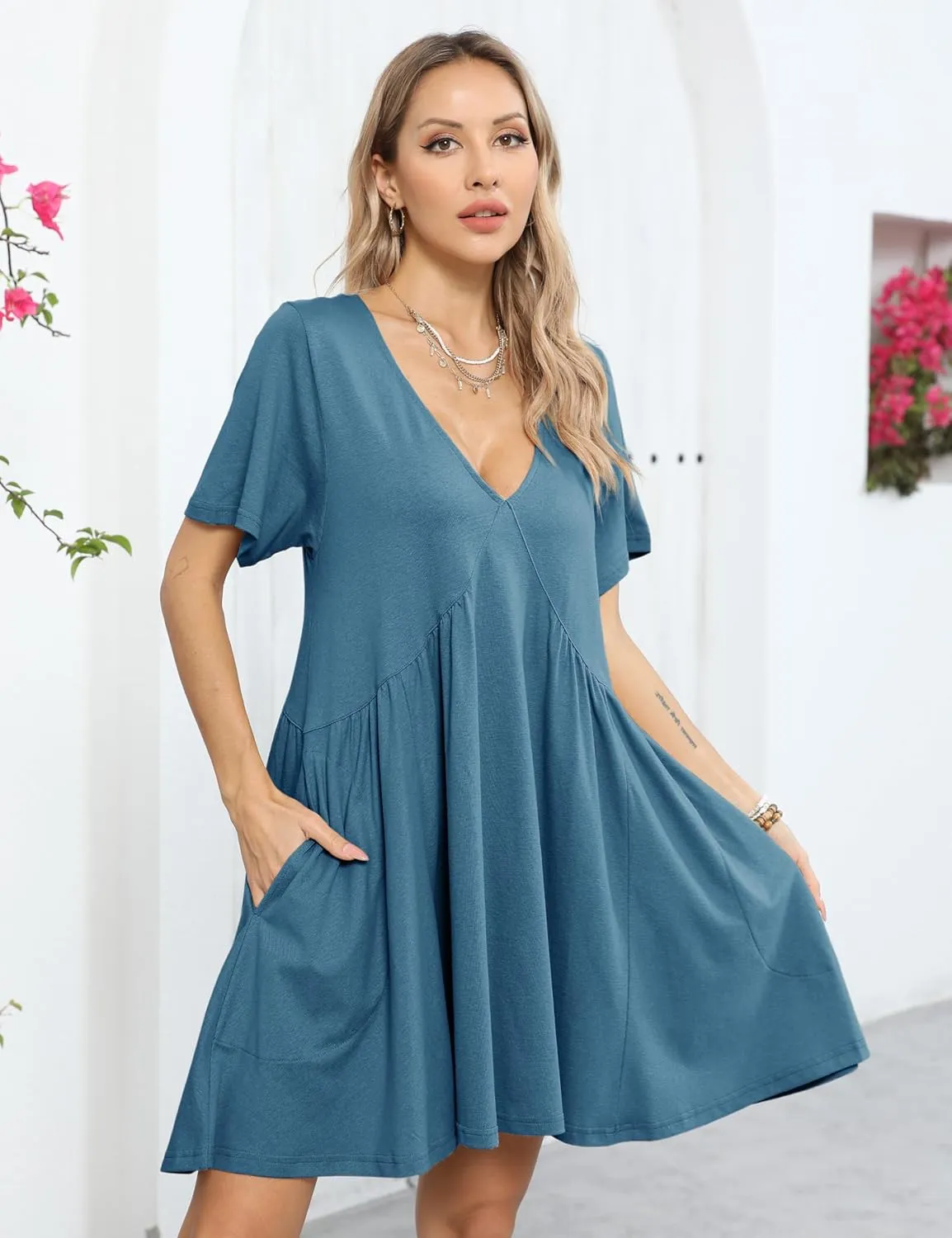 Gozoloma Women Summer Short Sleeve Mini Dress Casual Loose V Neck Flowy Sundress Vacation Tshirt Sun Dress with Pockets