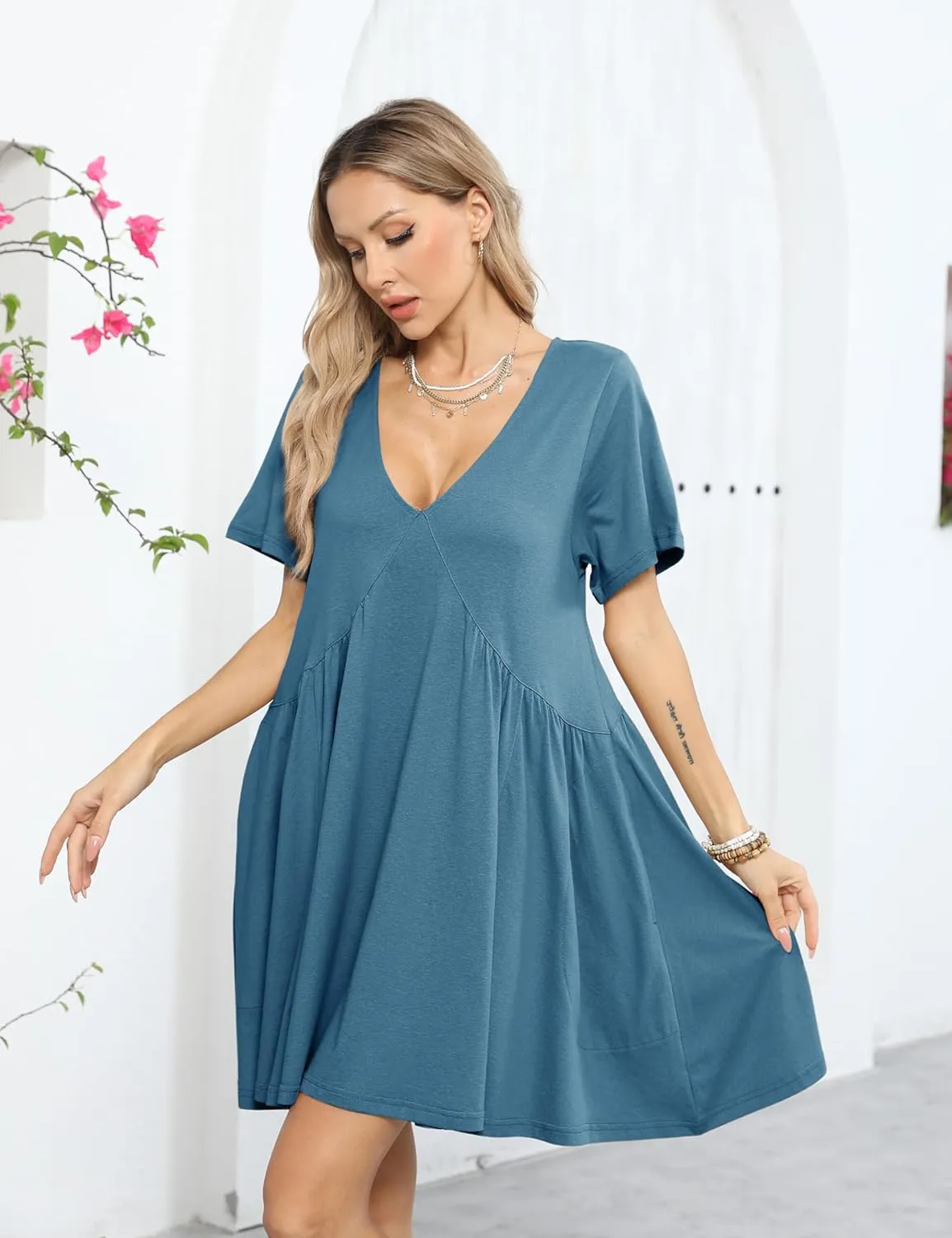 Gozoloma Women Summer Short Sleeve Mini Dress Casual Loose V Neck Flowy Sundress Vacation Tshirt Sun Dress with Pockets