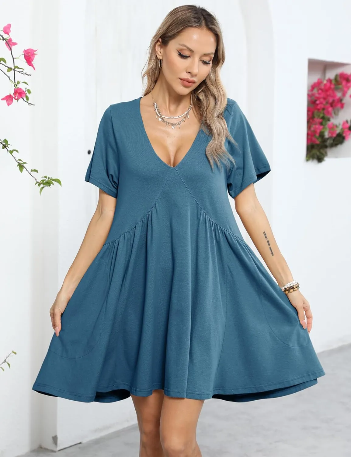 Gozoloma Women Summer Short Sleeve Mini Dress Casual Loose V Neck Flowy Sundress Vacation Tshirt Sun Dress with Pockets