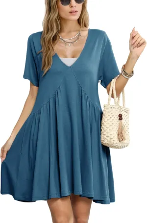 Gozoloma Women Summer Short Sleeve Mini Dress Casual Loose V Neck Flowy Sundress Vacation Tshirt Sun Dress with Pockets