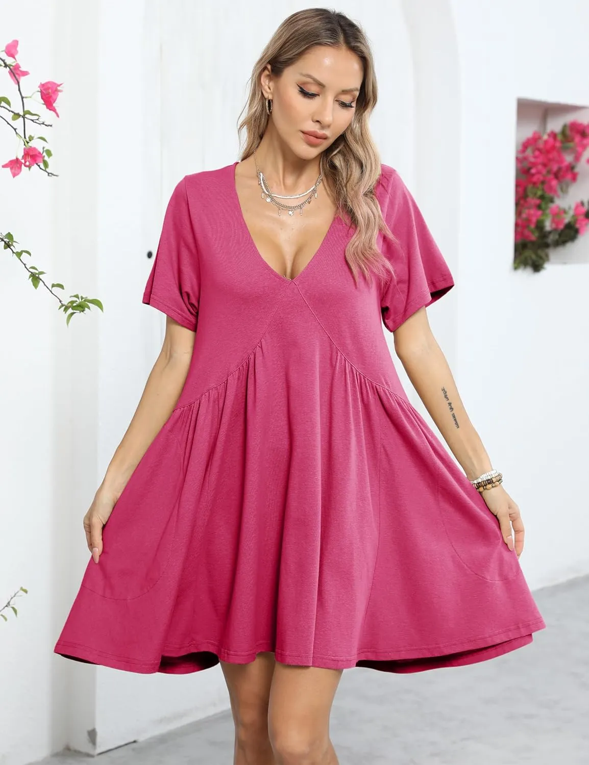 Gozoloma Women Summer Short Sleeve Mini Dress Casual Loose V Neck Flowy Sundress Vacation Tshirt Sun Dress with Pockets