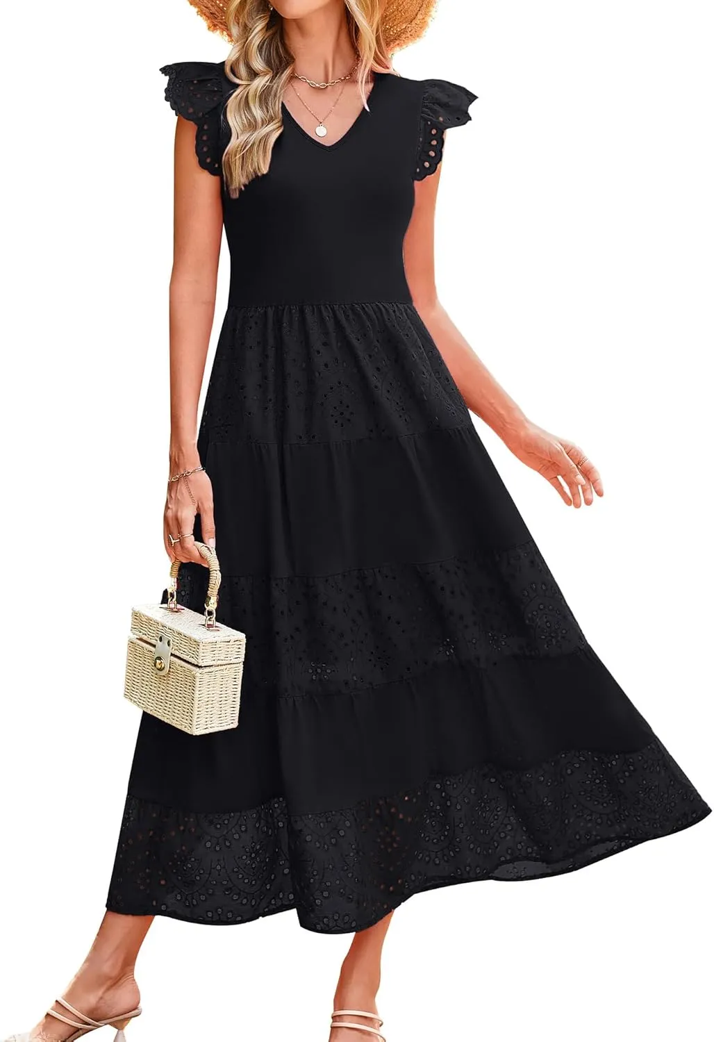 GRACE KARIN Women Summer Maxi Dresses Casual V Neck Ruffle Sleeve Lace Eyelet Tiered A Line Flowy Sundress with Pockets