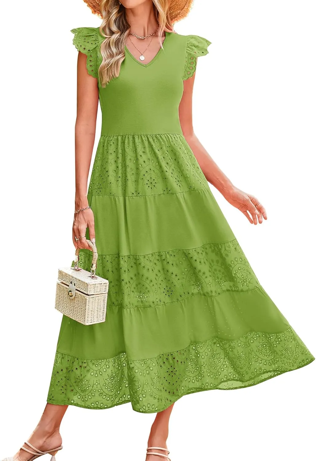 GRACE KARIN Women Summer Maxi Dresses Casual V Neck Ruffle Sleeve Lace Eyelet Tiered A Line Flowy Sundress with Pockets