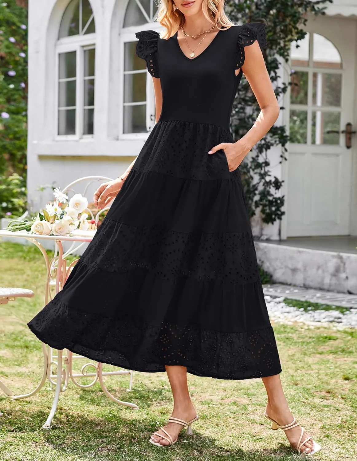 GRACE KARIN Women Summer Maxi Dresses Casual V Neck Ruffle Sleeve Lace Eyelet Tiered A Line Flowy Sundress with Pockets