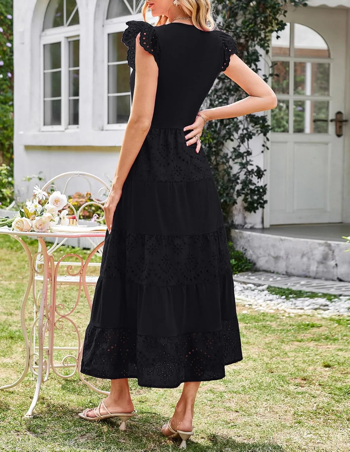 GRACE KARIN Women Summer Maxi Dresses Casual V Neck Ruffle Sleeve Lace Eyelet Tiered A Line Flowy Sundress with Pockets