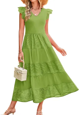 GRACE KARIN Women Summer Maxi Dresses Casual V Neck Ruffle Sleeve Lace Eyelet Tiered A Line Flowy Sundress with Pockets
