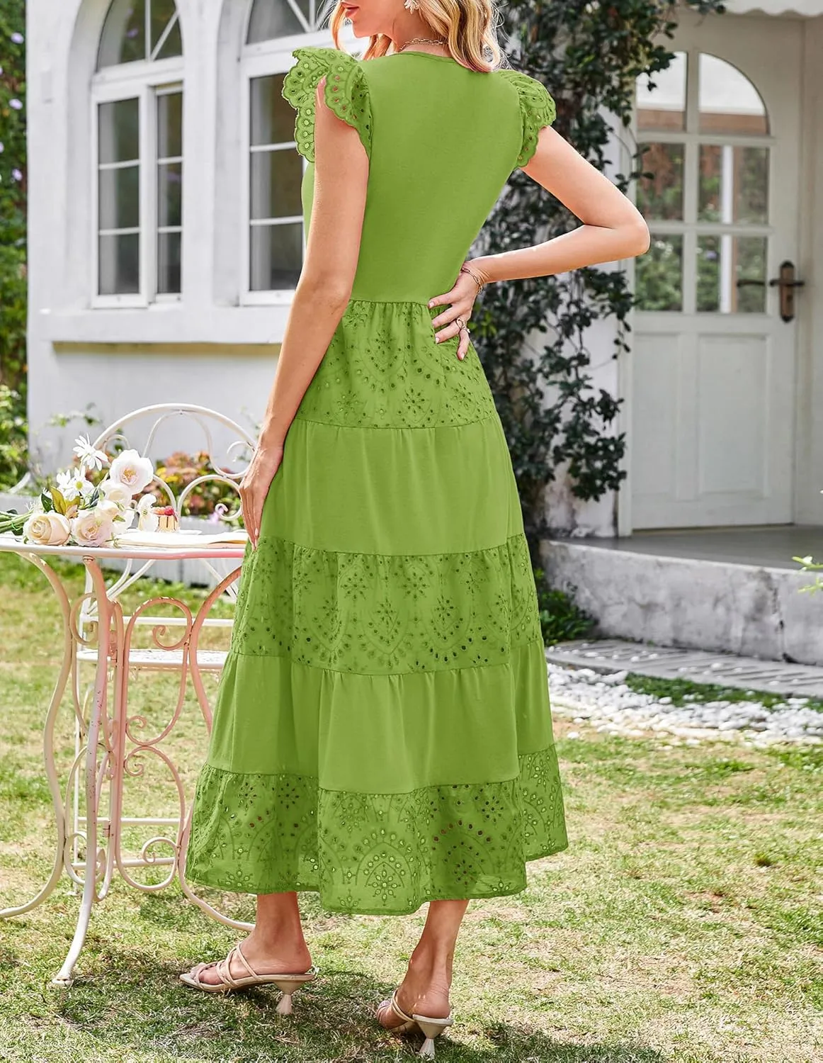 GRACE KARIN Women Summer Maxi Dresses Casual V Neck Ruffle Sleeve Lace Eyelet Tiered A Line Flowy Sundress with Pockets