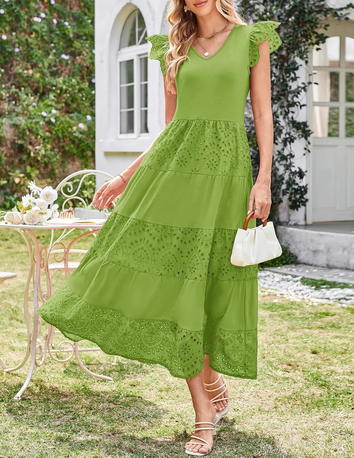 GRACE KARIN Women Summer Maxi Dresses Casual V Neck Ruffle Sleeve Lace Eyelet Tiered A Line Flowy Sundress with Pockets