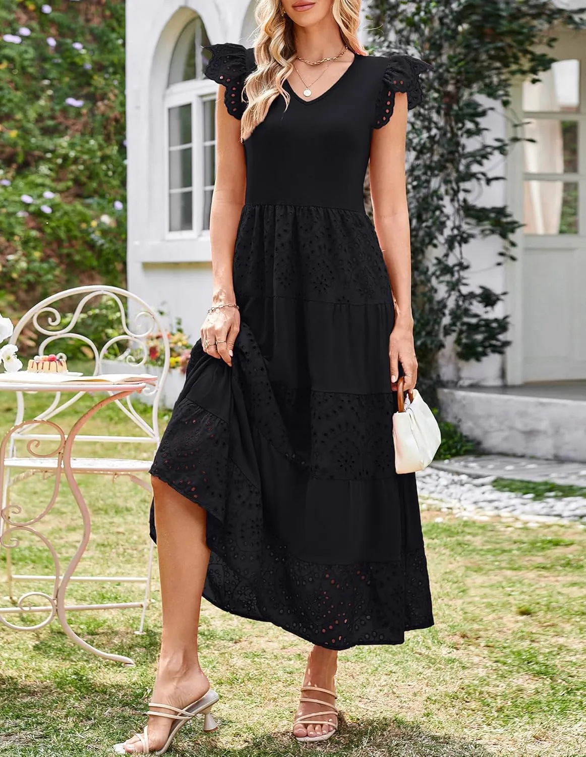 GRACE KARIN Women Summer Maxi Dresses Casual V Neck Ruffle Sleeve Lace Eyelet Tiered A Line Flowy Sundress with Pockets
