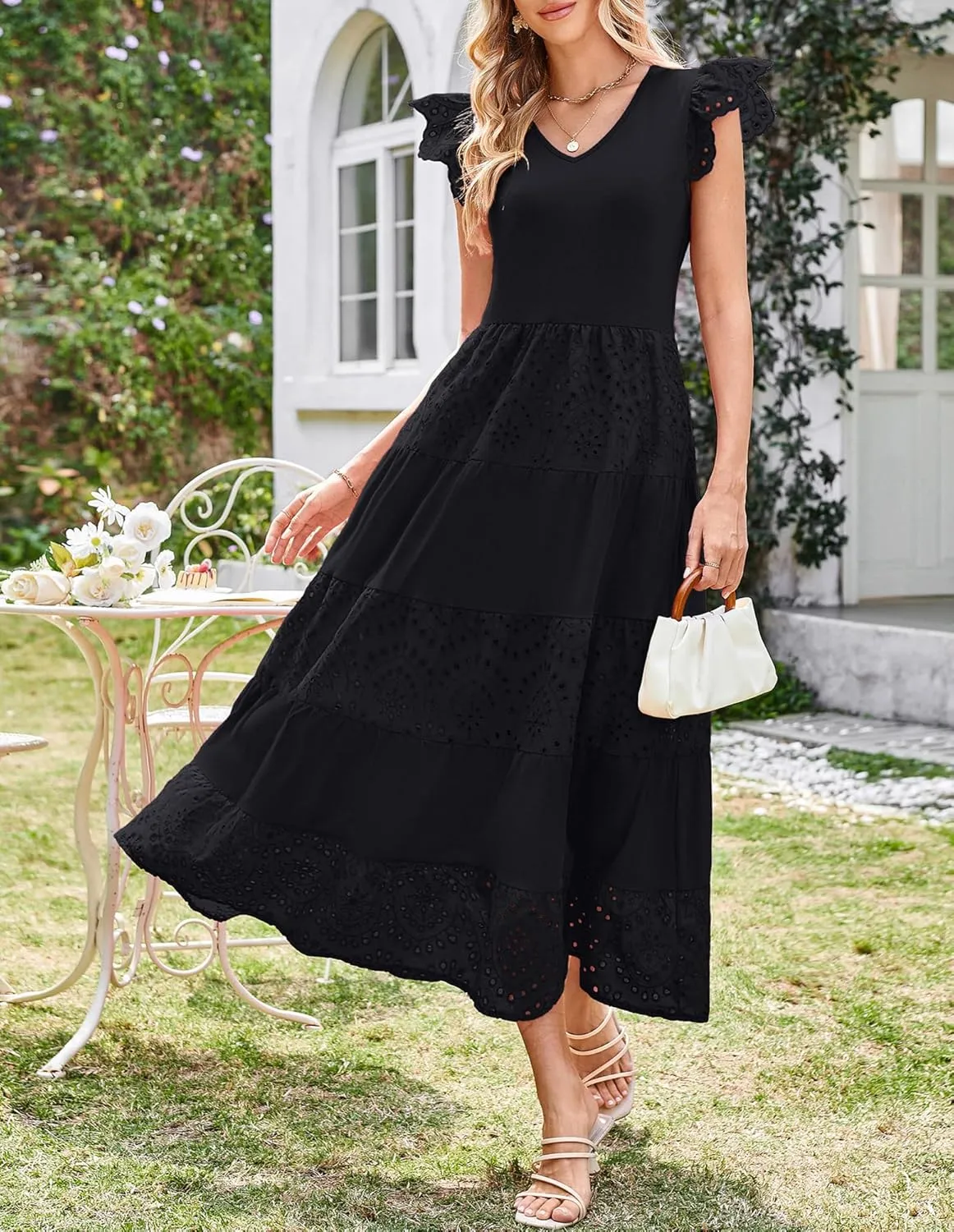 GRACE KARIN Women Summer Maxi Dresses Casual V Neck Ruffle Sleeve Lace Eyelet Tiered A Line Flowy Sundress with Pockets