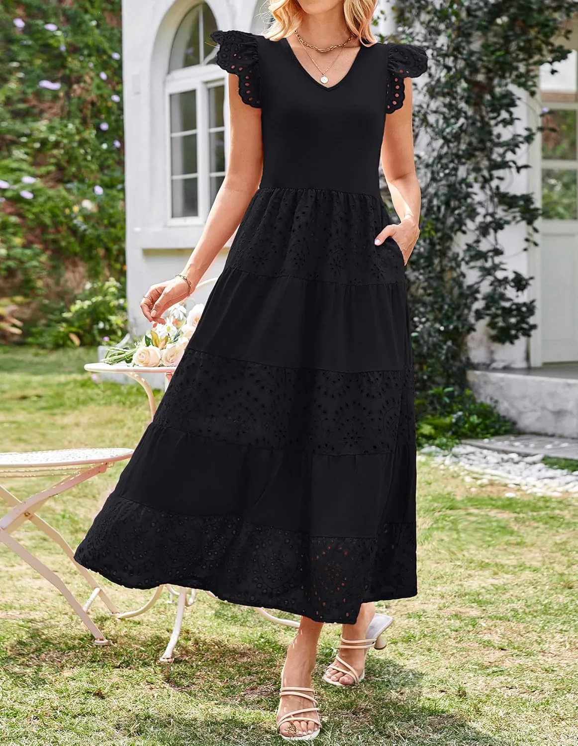 GRACE KARIN Women Summer Maxi Dresses Casual V Neck Ruffle Sleeve Lace Eyelet Tiered A Line Flowy Sundress with Pockets