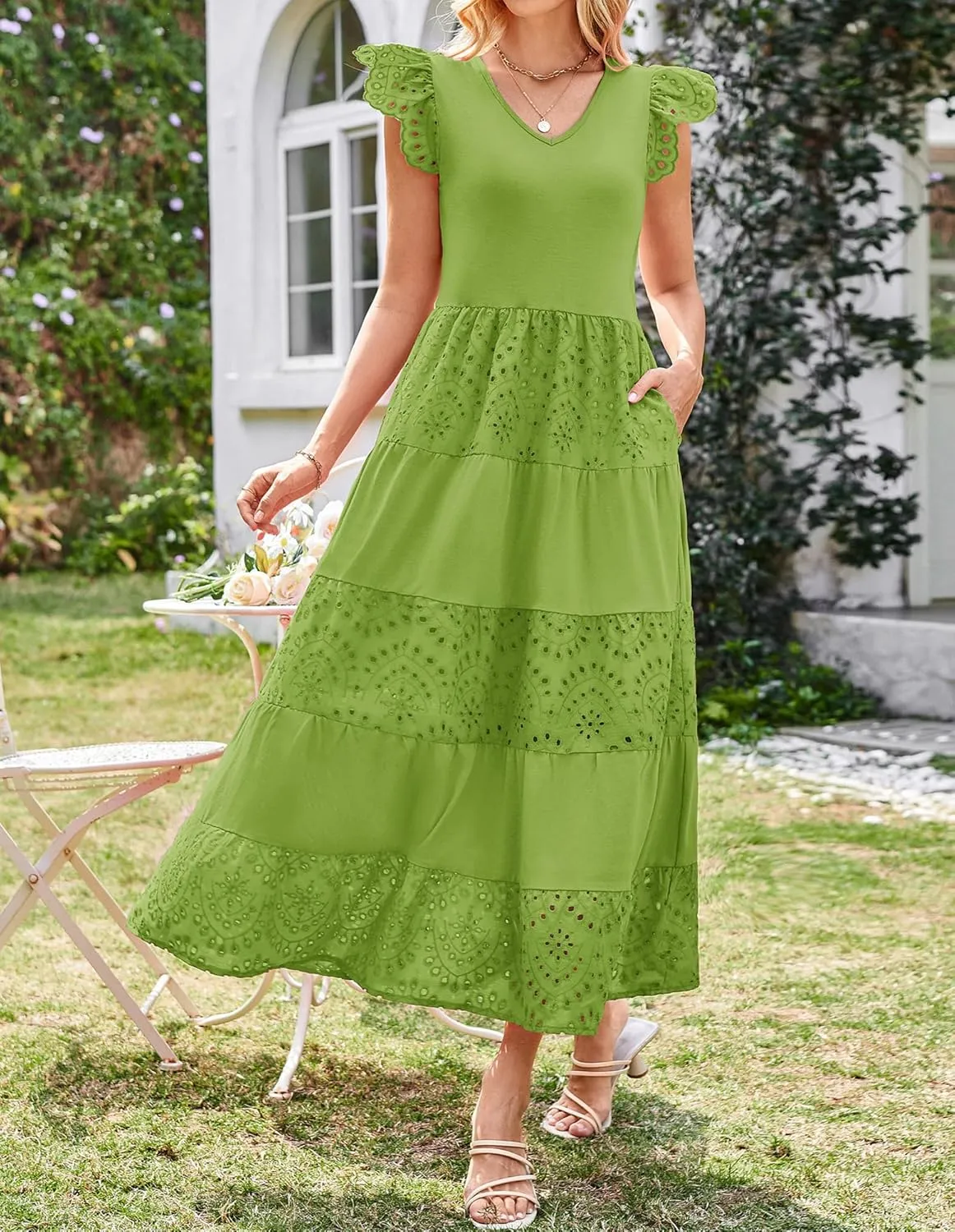 GRACE KARIN Women Summer Maxi Dresses Casual V Neck Ruffle Sleeve Lace Eyelet Tiered A Line Flowy Sundress with Pockets