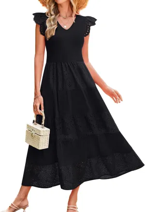GRACE KARIN Women Summer Maxi Dresses Casual V Neck Ruffle Sleeve Lace Eyelet Tiered A Line Flowy Sundress with Pockets