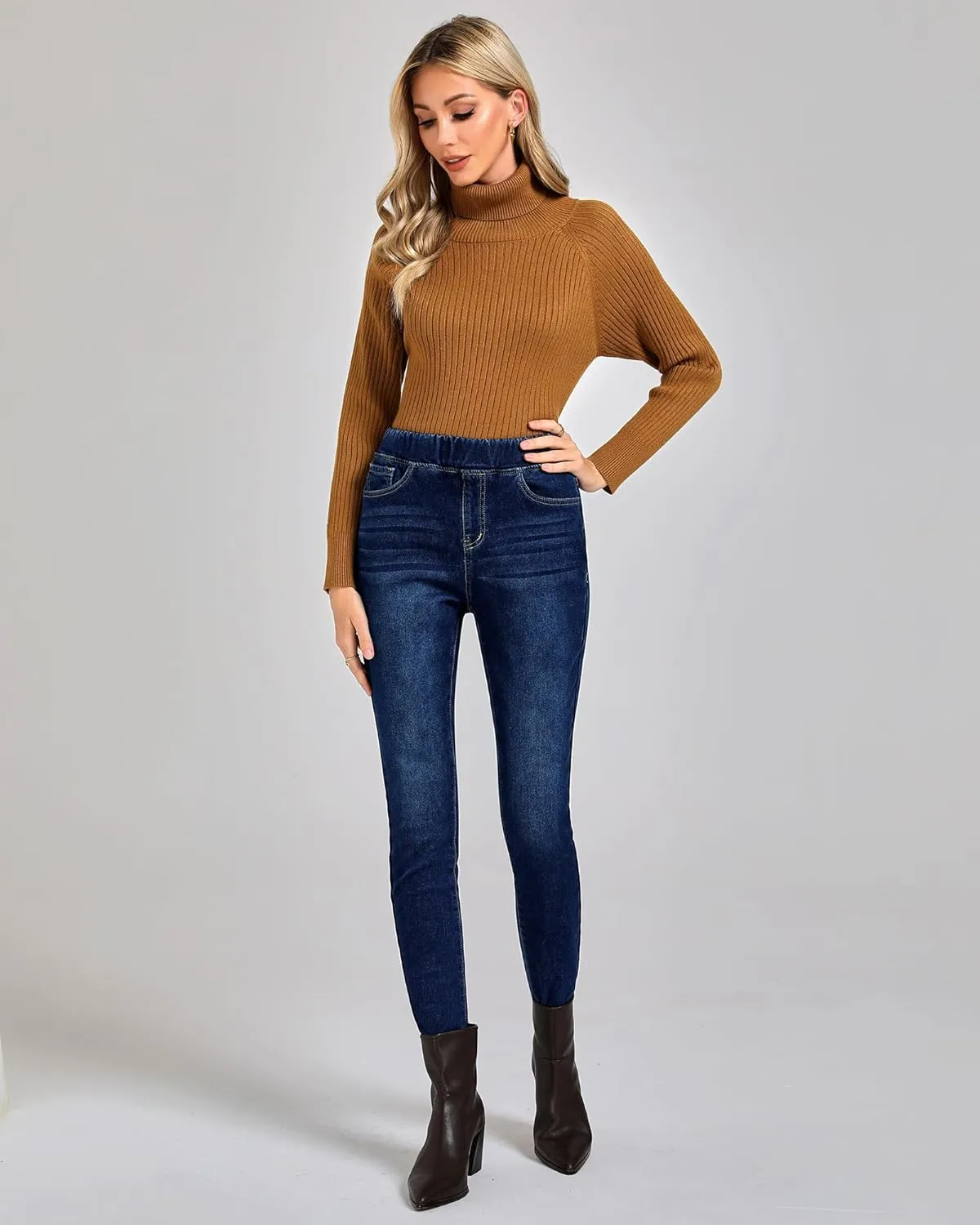 GRAPENT Jeans for Women High Waisted Pull On Fleece Lined Leggings Stretchy Denim Skinny Jeggings Thermal Winter Pants