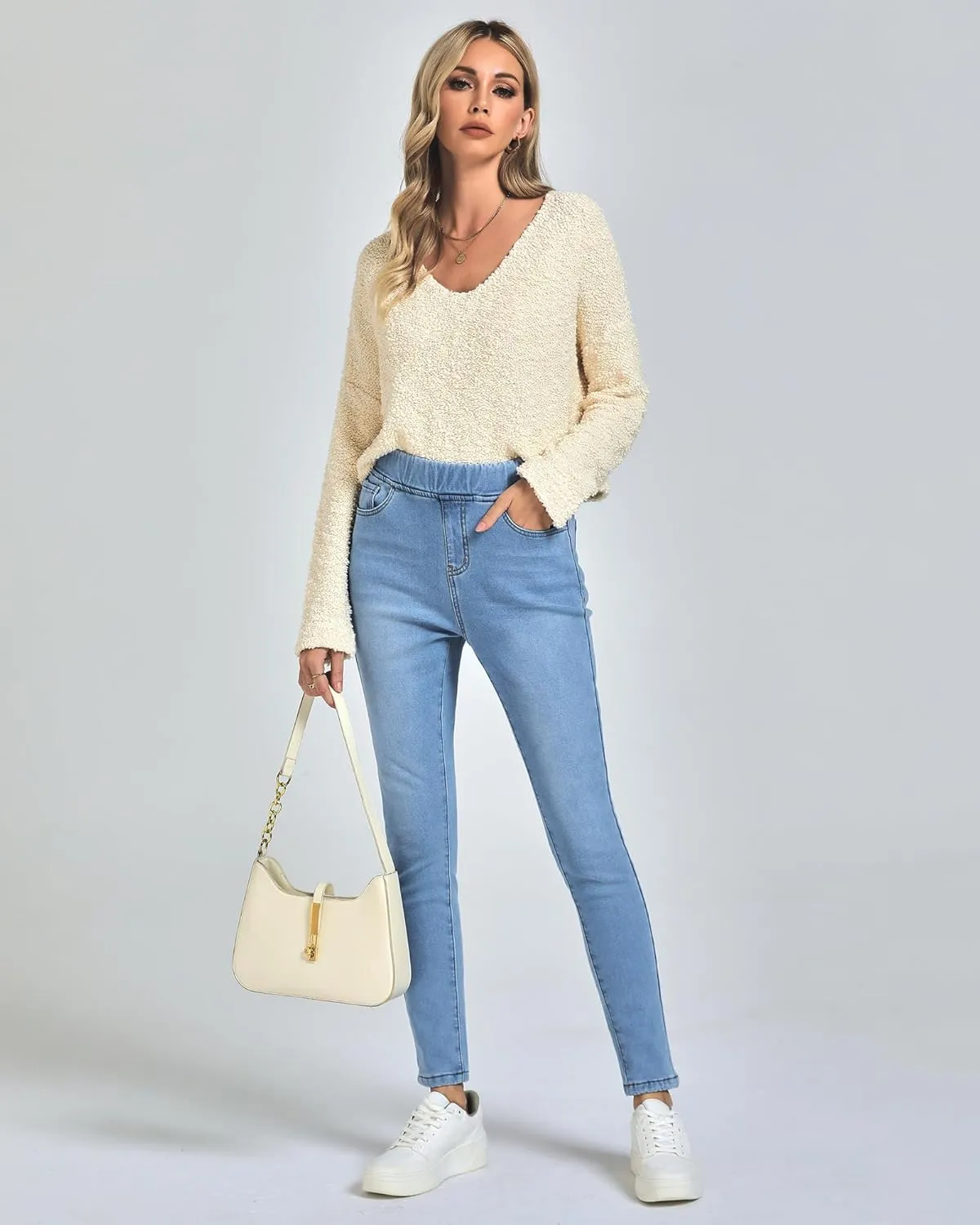 GRAPENT Jeans for Women High Waisted Pull On Fleece Lined Leggings Stretchy Denim Skinny Jeggings Thermal Winter Pants