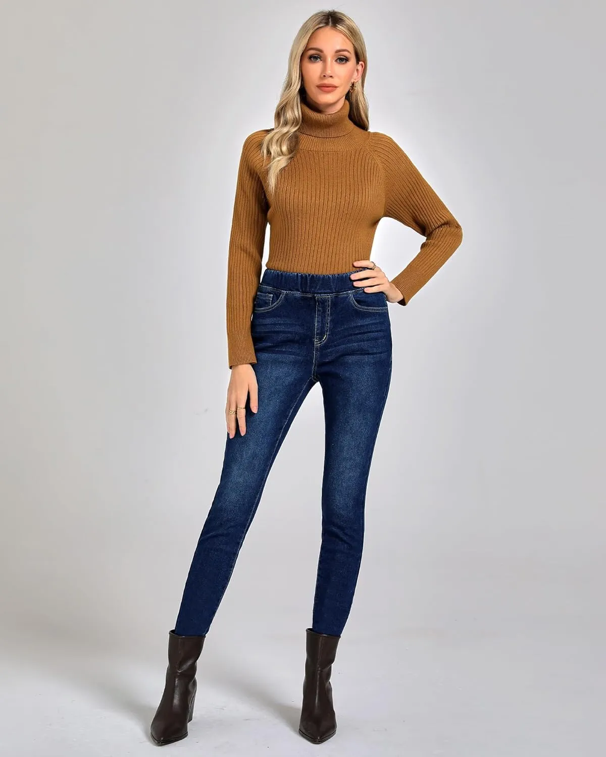 GRAPENT Jeans for Women High Waisted Pull On Fleece Lined Leggings Stretchy Denim Skinny Jeggings Thermal Winter Pants